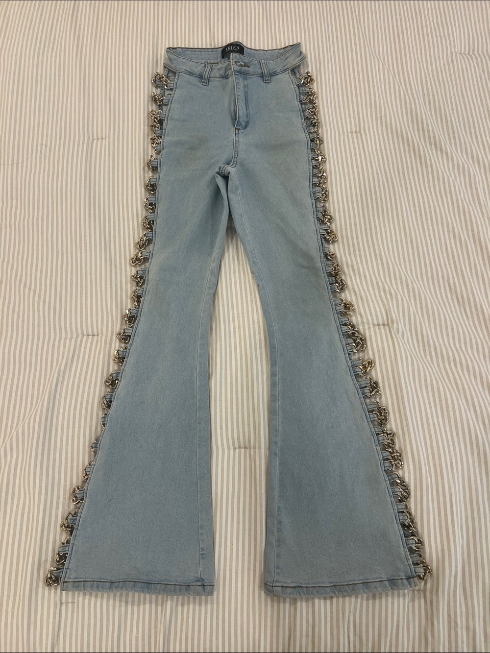 Akira Light Blue Flared Jeans with Gold Chain Trim